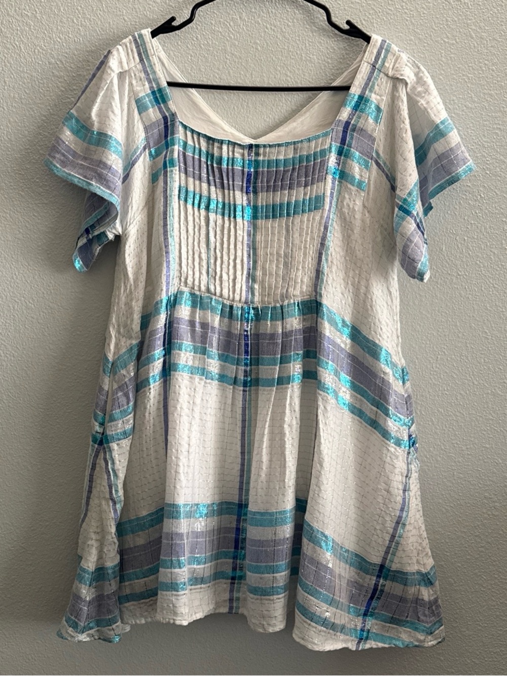 Free People Barcelona Plaid Mini Dress Women Metallic Shimmer Ivory XS - Picture 2 of 9